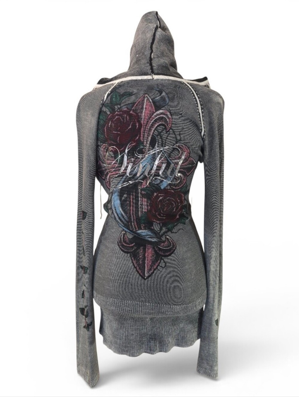 Sinful Affliction Women's Gray V-neck Hoodie Pullover Sweater - Sz Medium - Picture 4 of 8